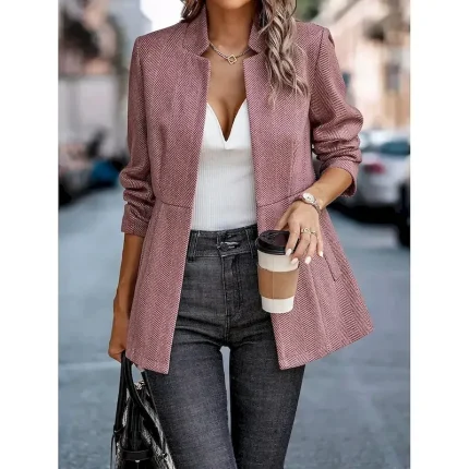 Women's Blazer Comfortable Breathable Pocket Casual Plain Office Street Casual Daily Wear Open Front Regular Stand Collar Regular Fit Long Sleeve Outerwear Black Pink Red Spring Fall