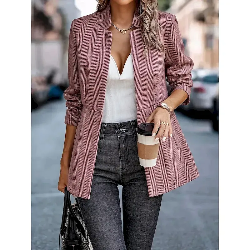 ajedne1758607769280-1.webp Women's Blazer Comfortable Breathable Pocket Casual Plain Office Street Casual Daily Wear Open Front Regular Stand Collar Regular Fit Long Sleeve Outerwear Black Pink Red Spring Fall - Image 1