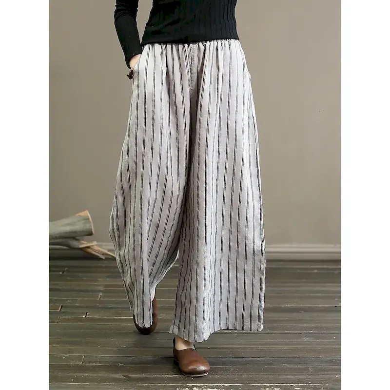 asvbbj1689924788215-1.webp Women's Wide Leg Chinos Pants Trousers Vintage Fashion Lightweight Full Length Mid Waist Striped Pocket Elastic Waist Baggy Breathability Comfortable Micro-elastic Vacation Casual Daily Black White - Image 1