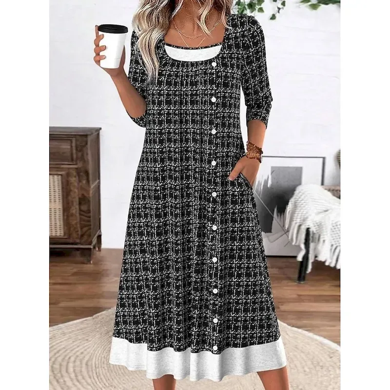 bwxdts1757467570913.webp Women's Midi Dress Shift Dress Casual Daily Regular Fit Graphic Geometric Long Sleeve Square Neck Black Spring Fall Winter - Image 1