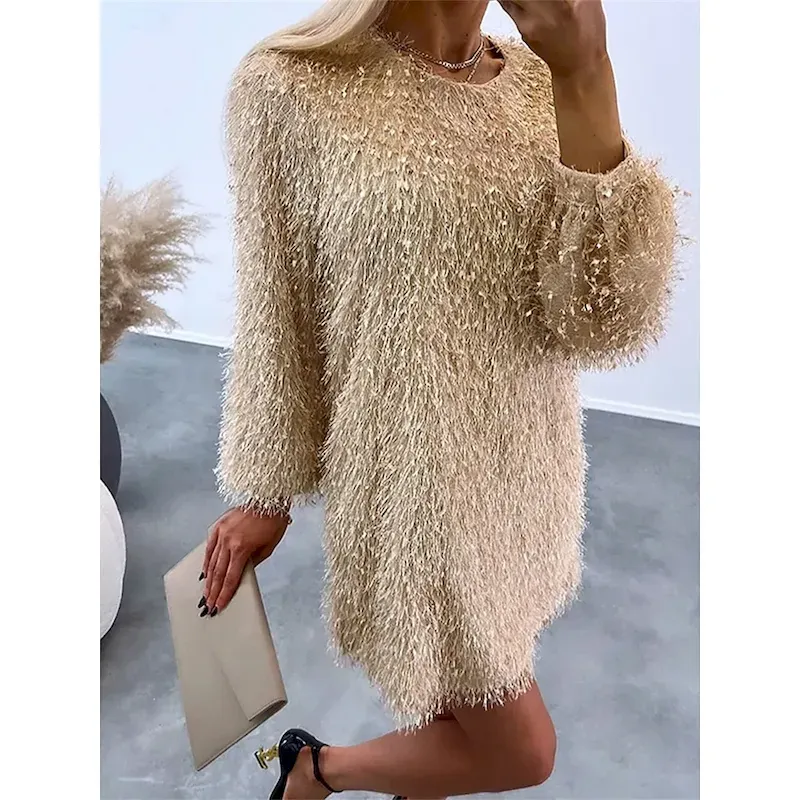 byxbdn1730266171230.webp Women's Casual Dress Mini Dress Tassel Fringe Casual Crew Neck Long Sleeve Black Apricot Color - Image 1