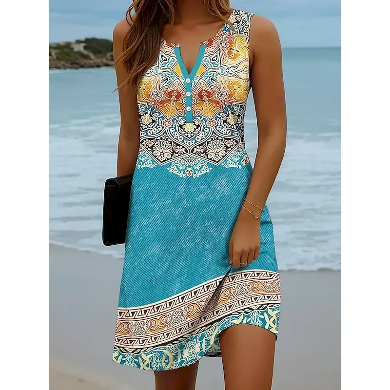 ikphpz1758277174886.webp Women's Mini Dress Sundress Shift Dress Off The Shoulder Dress Vacation Casual Beach Daily Holiday Regular Fit Graphic Geometric Sleeveless V Neck Pink Blue Sky Blue Brown Summer Spring - Image 1