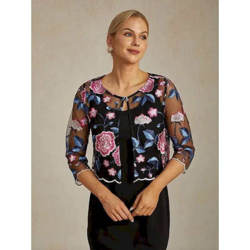 kljmhm1756969143339.webp Women's Bolero Lace Embroidered Elegant Floral Formal Regular Crewneck Loose Fit 3/4 Length Sleeve Outerwear White Summer Spring Fall Winter - Image 1