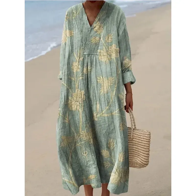 oyhqvk1750674665856.webp Women's Midi Dress V Neck Long Sleeve Kaftan Lightweight Loose Fit A Line Dress Casual Boho Party Going out Floral Graphic Long Sleeve V Neck Black Pink Red Purple - Image 1