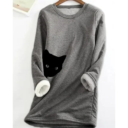 Women's Fleece Lined Pullover Sweatshirt Pajamas Pullover Sweatshirt Sweatshirts Cat Streetwear Casual Long Sleeve Crew Neck Regular Tops Street Holiday Going out Print Pink Light Grey Winter