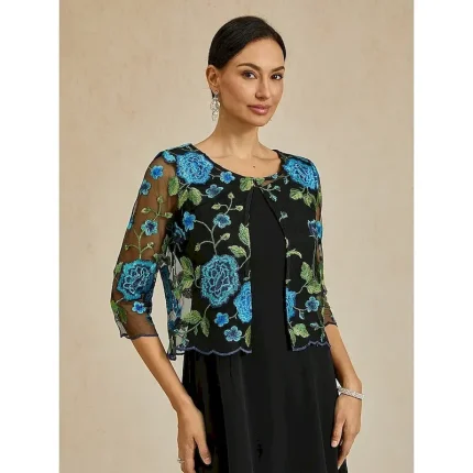 Women's Cardigan Lace Embroidered Elegant Basic Casual Floral Formal Short Crewneck Loose Fit 3/4 Length Sleeve Outerwear Navy Blue Summer Spring
