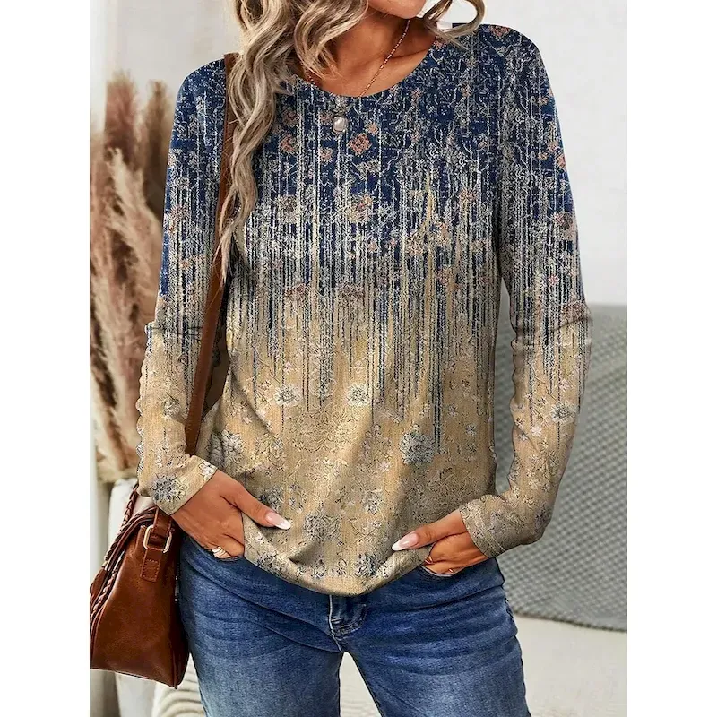wcxdlw1737594758174-1.webp Women's T shirt Long Sleeve Crew Neck Long Sleeve Tunic Ombre Graphic Casual Regular Tops Daily Print Khaki Spring Fall Prefall - Image 1