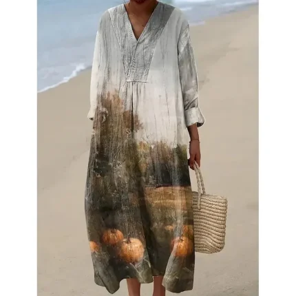 Halloween Women's Pumpkin Print Midi Dress V Neck Long Sleeve Kaftan Lightweight Loose Fit A Line Dress Casual Boho Party Going out Loose Fit Graphic Long Sleeve V Neck Orange off-white Grey Fall