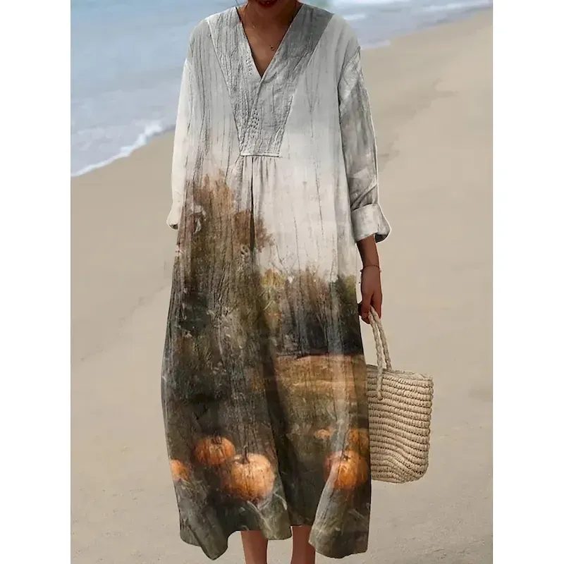 ybmhgs1753264810670-1.webp Halloween Women's Pumpkin Print Midi Dress V Neck Long Sleeve Kaftan Lightweight Loose Fit A Line Dress Casual Boho Party Going out Loose Fit Graphic Long Sleeve V Neck Orange off-white Grey Fall - Image 1
