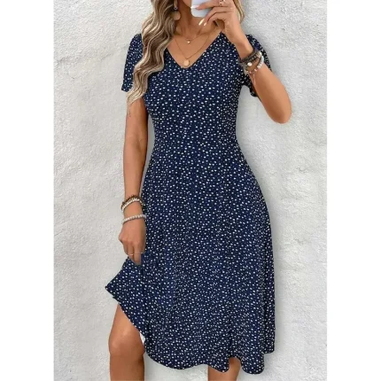 Women's Midi Dress T Shirt Dress Tee Dress Sundress A Line Dress Vacation Casual Beach Going out Beach Regular Fit Floral Graphic Polka Dot Short Sleeve V Neck Sky Blue Fuchsia Dark Blue Summer Spring